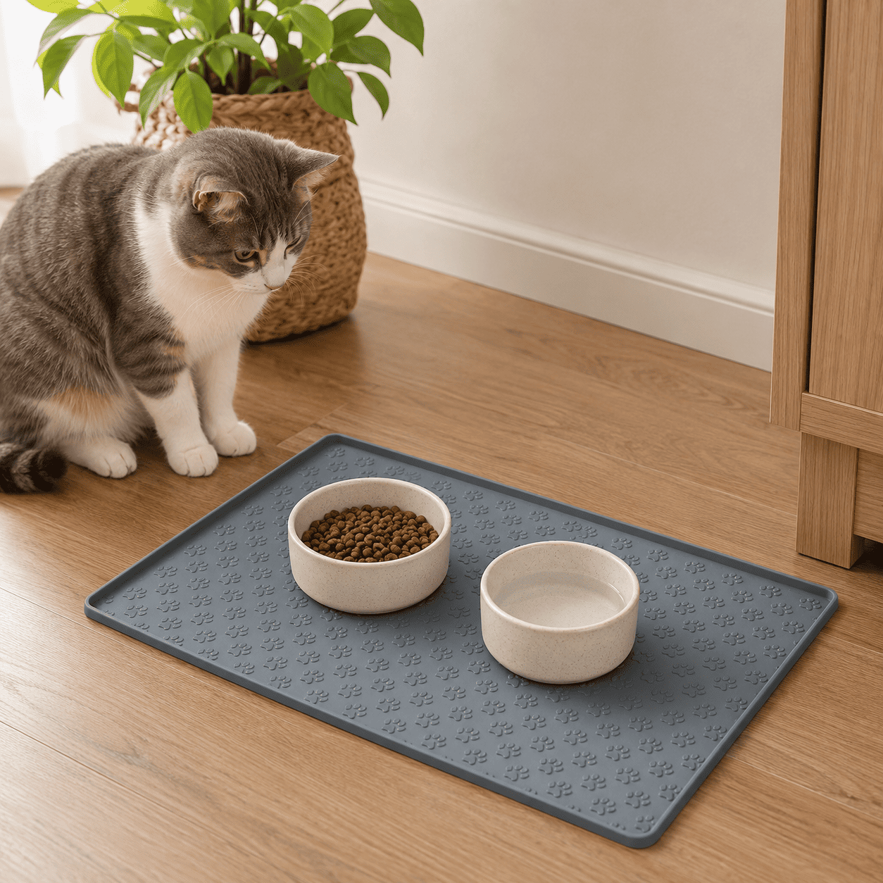 Cat near a gray paw texture pet feeding mat with food and water bowls on a wooden floor