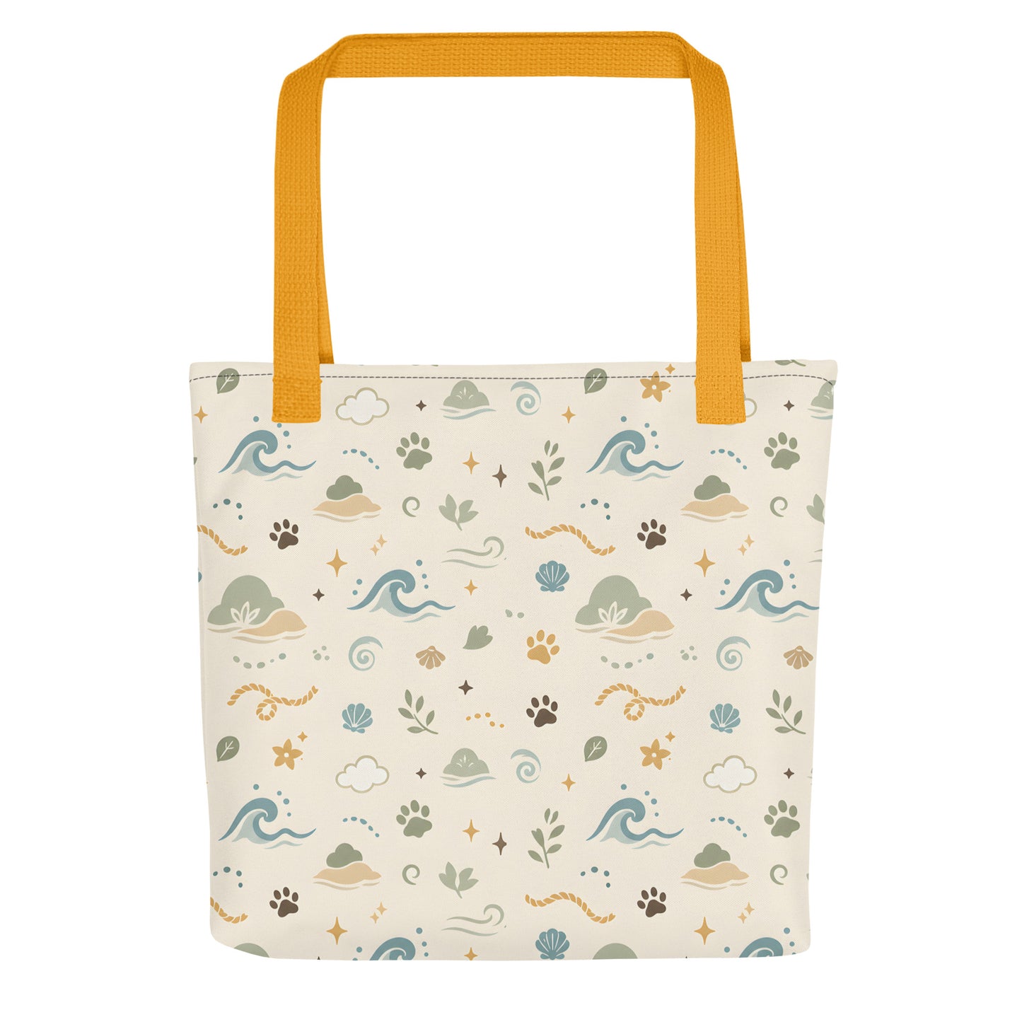 Flat front view of the Sea Breeze Paw Trail tote bag with ocean-inspired pet pattern.