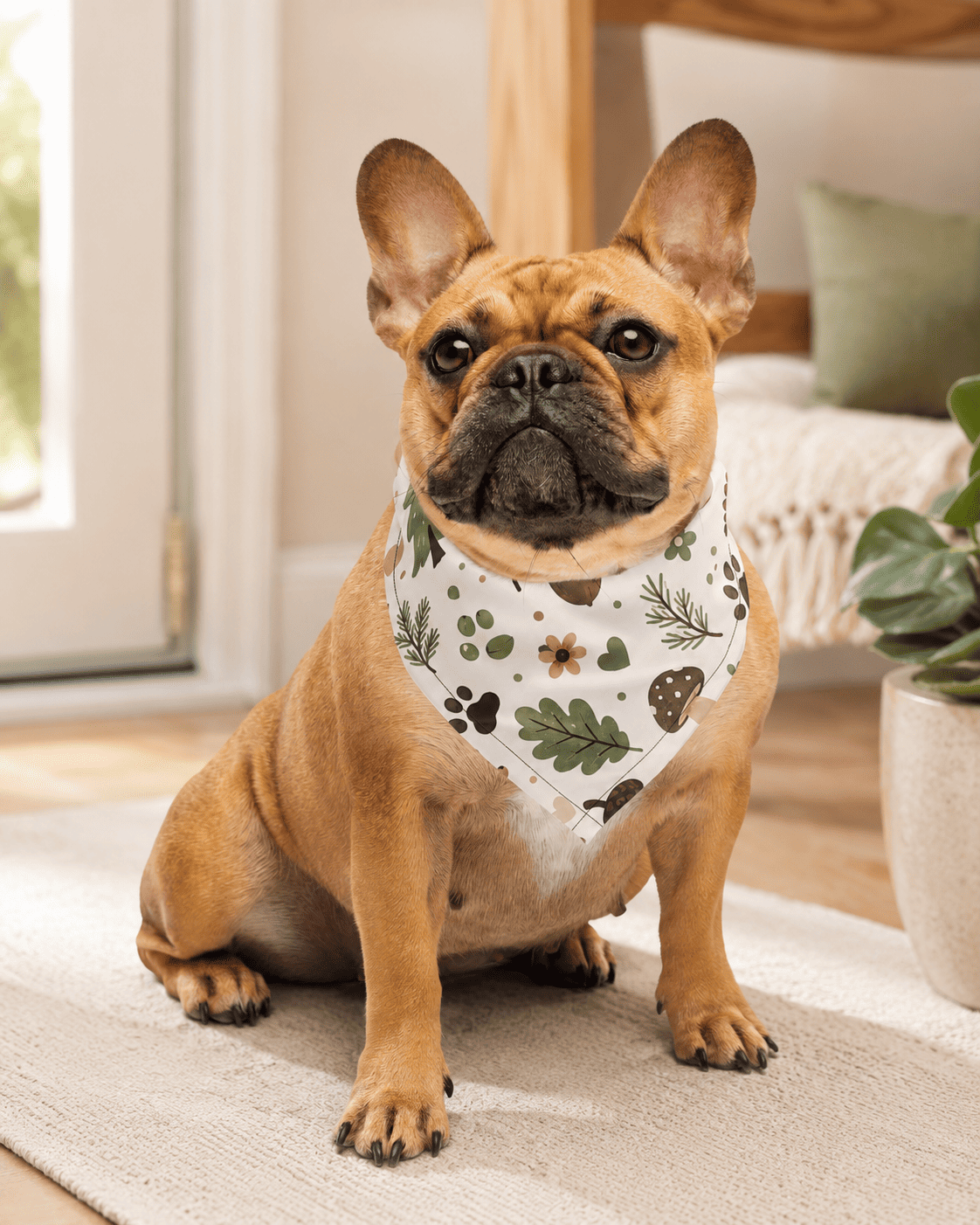 Small dog wearing the Woodland Trail Dog & Cat Pet Bandana in a cozy home setting