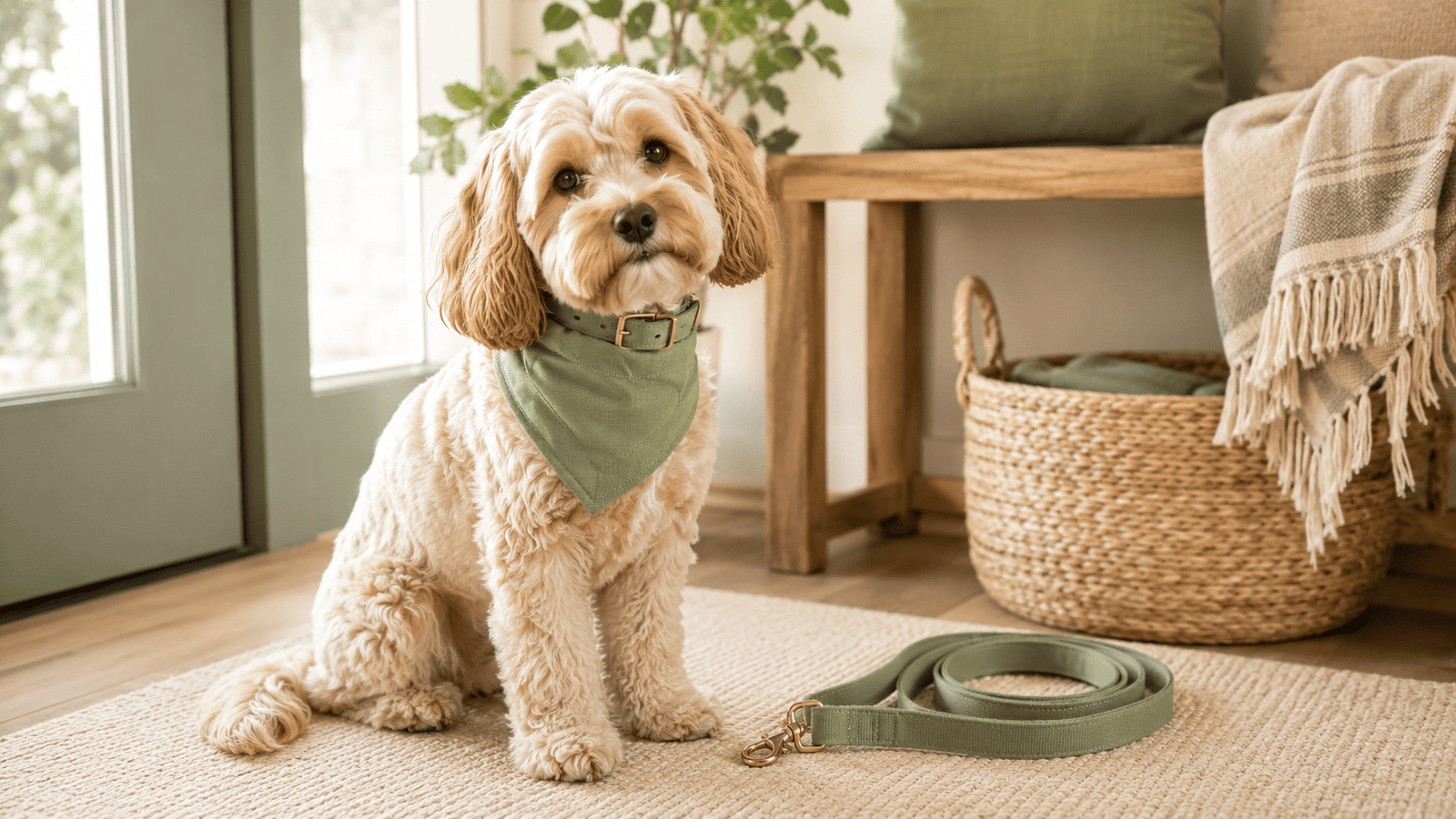 Dog with everyday pet accessories near a cozy home entryway