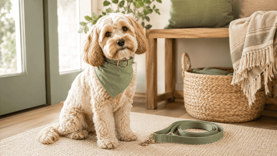 Dog with everyday pet accessories near a cozy home entryway