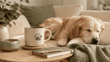 Pet parent gift ideas with a cozy mug and pet nearby