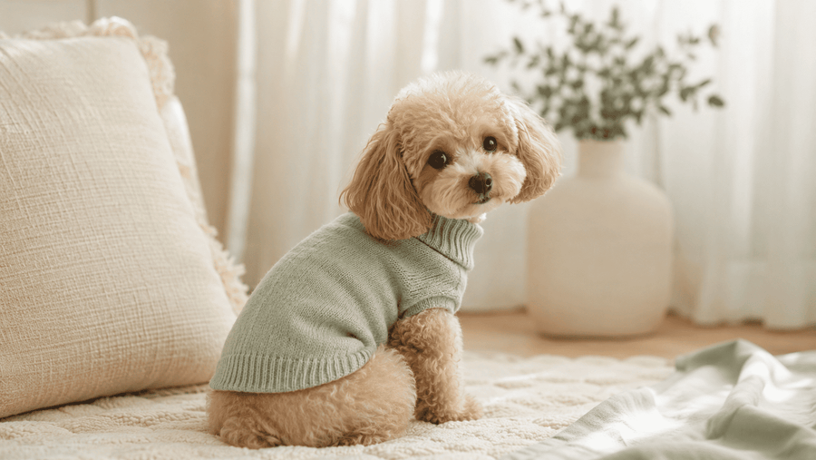 Pet wearing soft everyday apparel in a cozy home setting