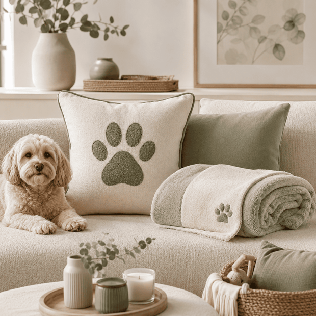 Pet home and living collection image with a decorative pillow, blanket, and cozy pet-inspired home decor