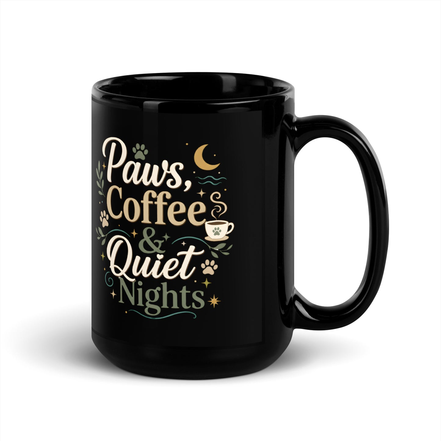 Black glossy mug showing the Paws, Coffee & Quiet Nights side print design.