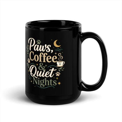 Black glossy mug showing the Paws, Coffee & Quiet Nights side print design.
