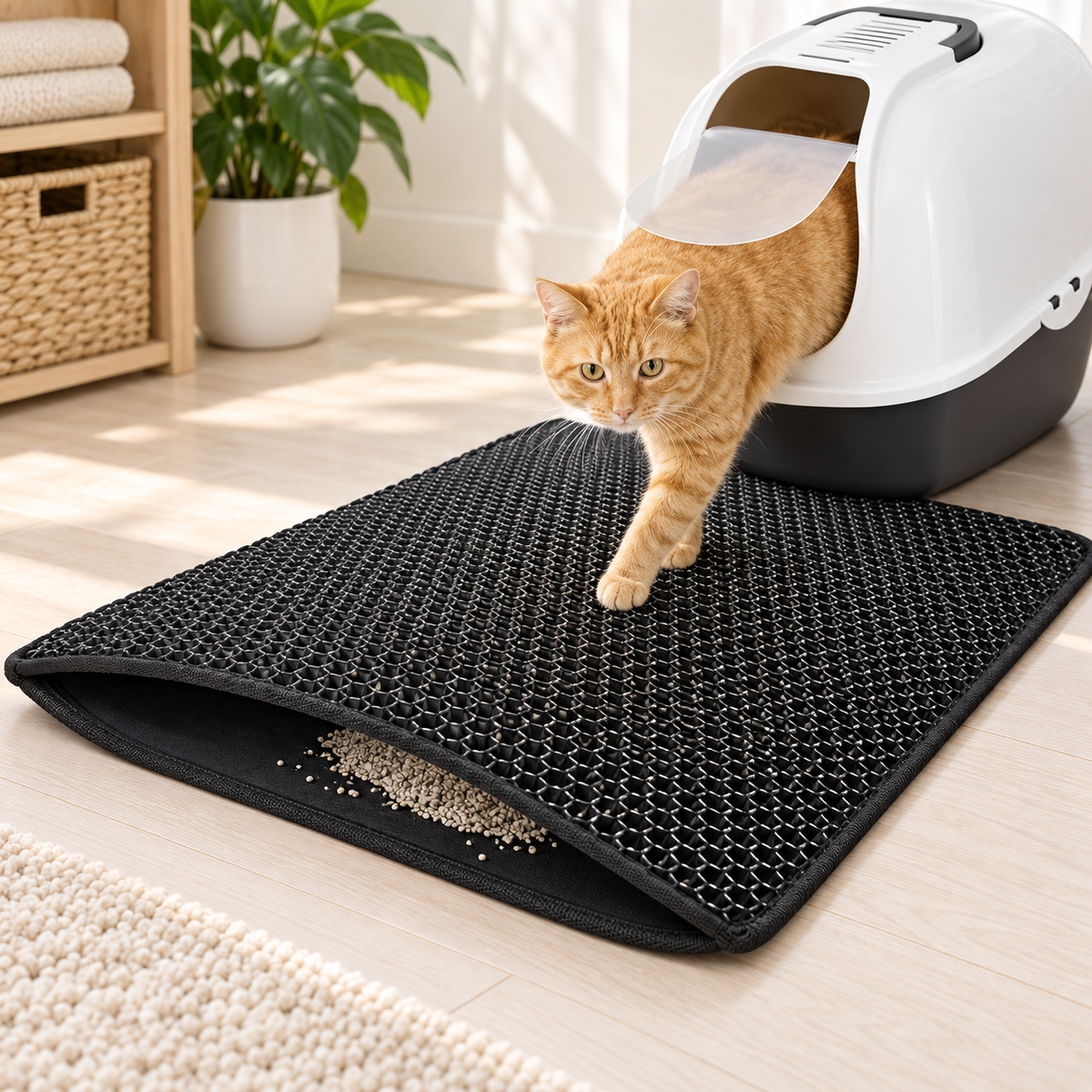 Cat stepping from a litter box onto a black Double-Layer EVA Cat Litter Mat