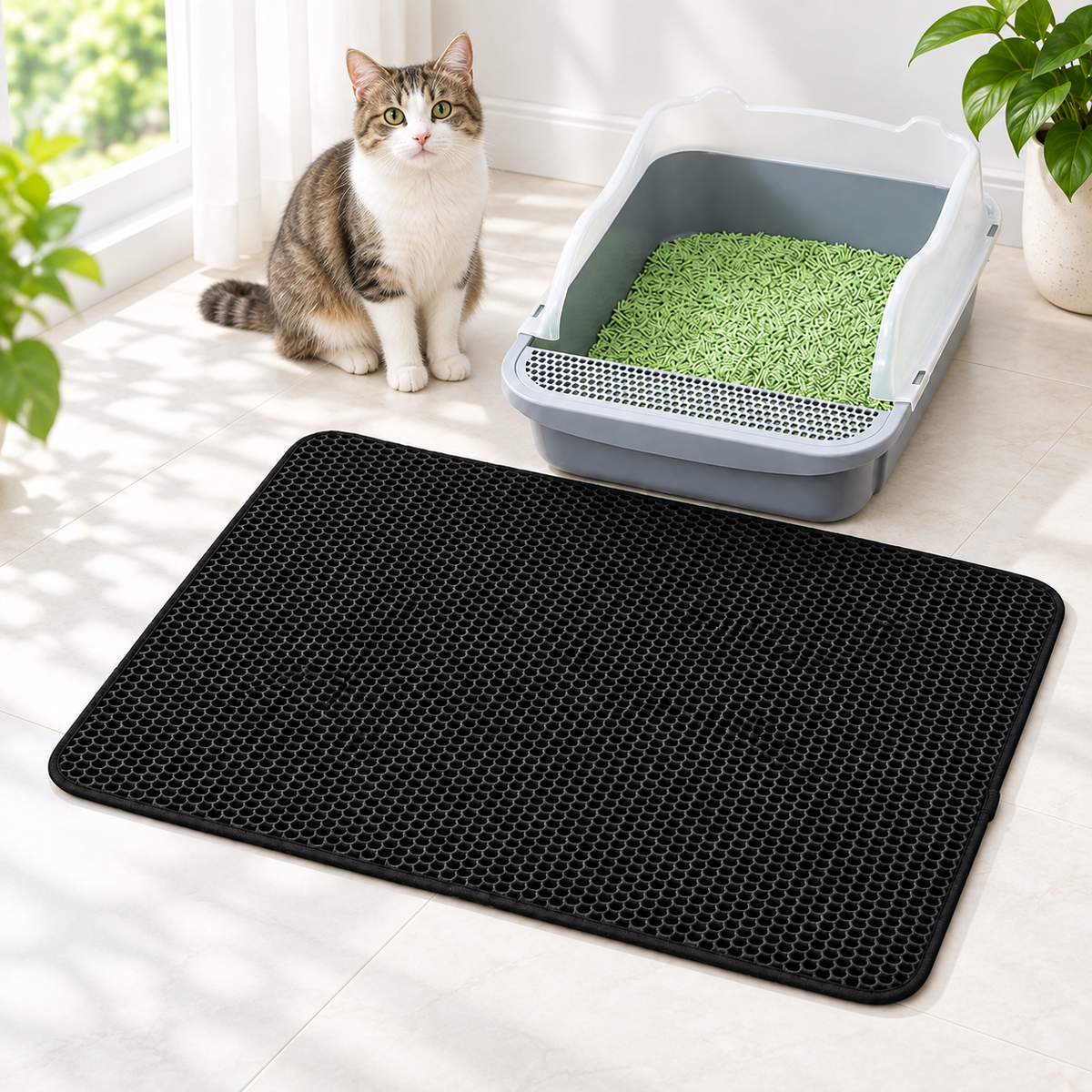 Black honeycomb Cat Litter Trapping Mat used beside a litter box in a bright home