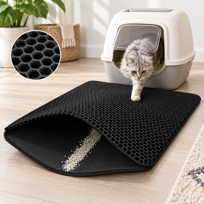 Black Double-Layer Cat Litter Mat positioned in front of a litter box