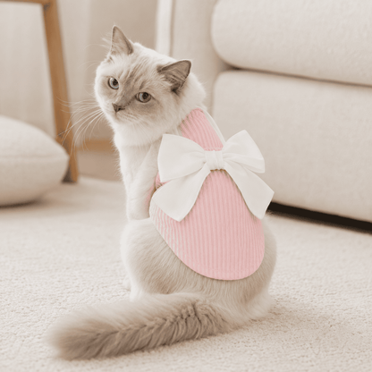 Cat wearing a pink bow detail pet dress in a cozy home setting
