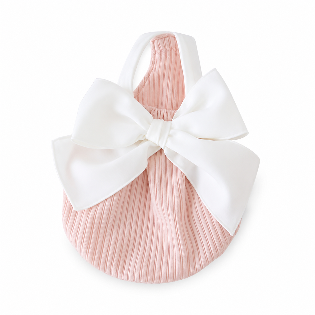 Pink bow detail pet dress with a white bow on a white background