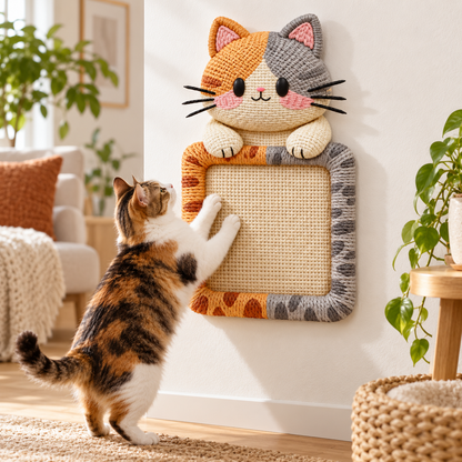 Calico Cat 5D wall scratching mat with a cat using it in a home