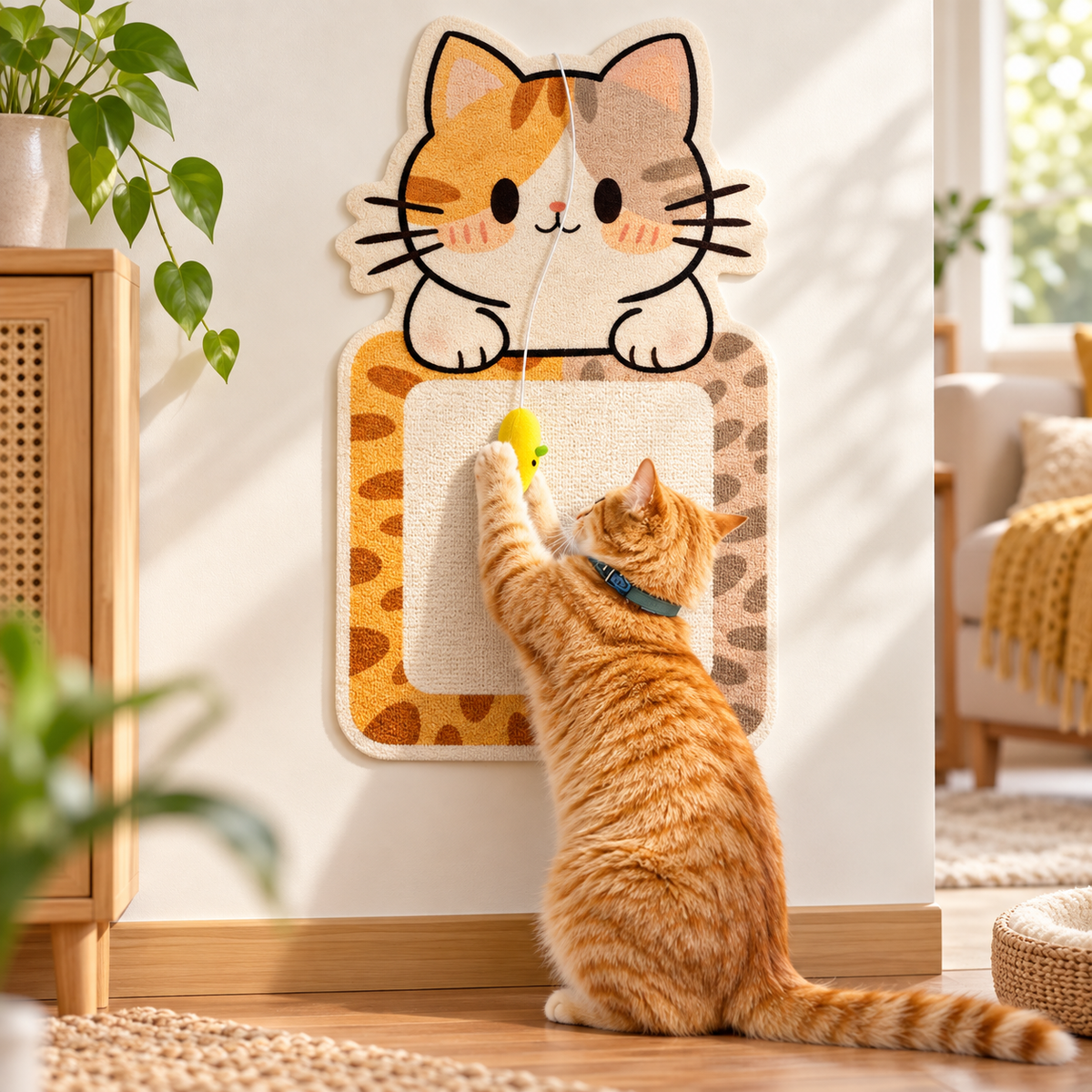 Calico Cat scratching mat mounted on a wall with a cat using it