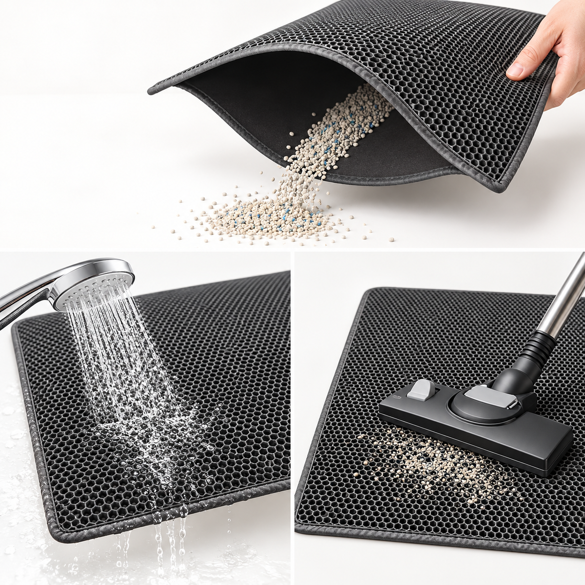 Double-Layer EVA Cat Litter Mat showing honeycomb upper layer and lower collection layer