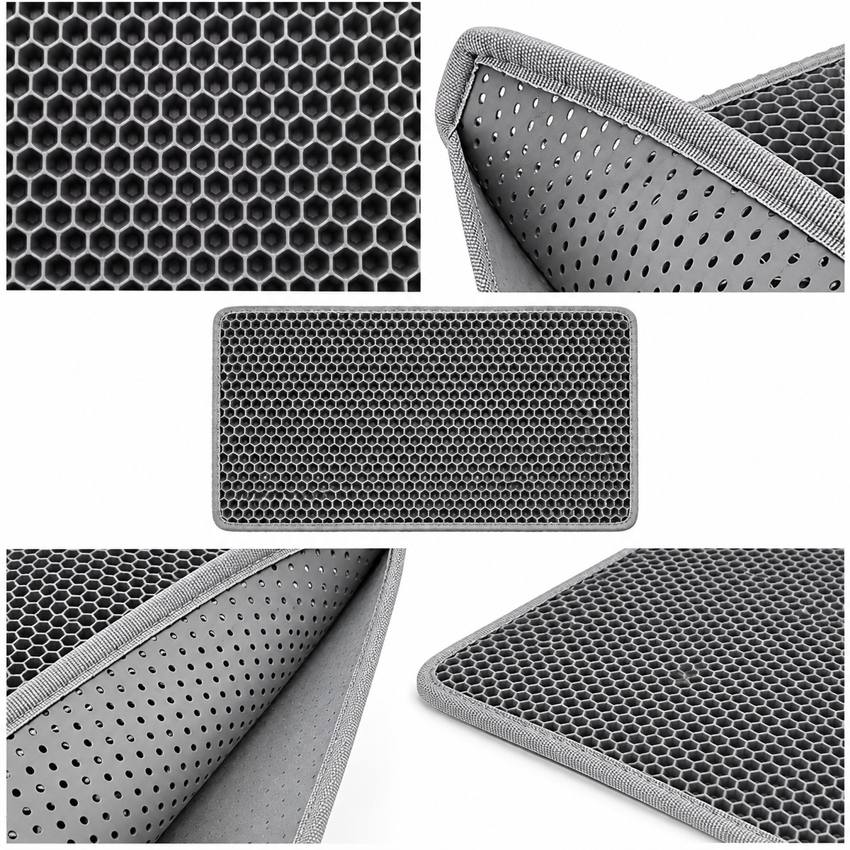 Close-up views of the EVA honeycomb surface and double-layer cat litter mat construction