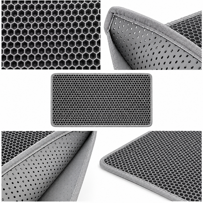 Close-up views of the EVA honeycomb surface and double-layer cat litter mat construction