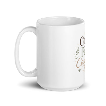 Clean side view of the white glossy Coffee, Pets & Cozy Days Mug.