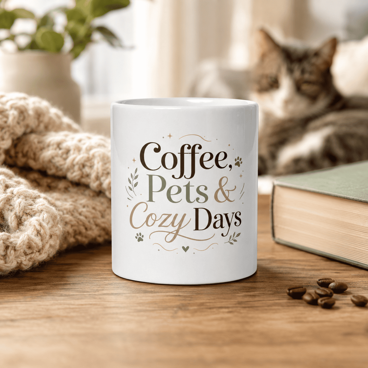Coffee, Pets & Cozy Days Mug on a cozy table with a cat in the background.