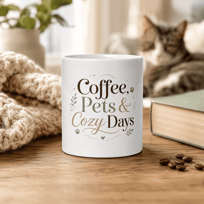 Coffee, Pets & Cozy Days Mug on a cozy table with a cat in the background.