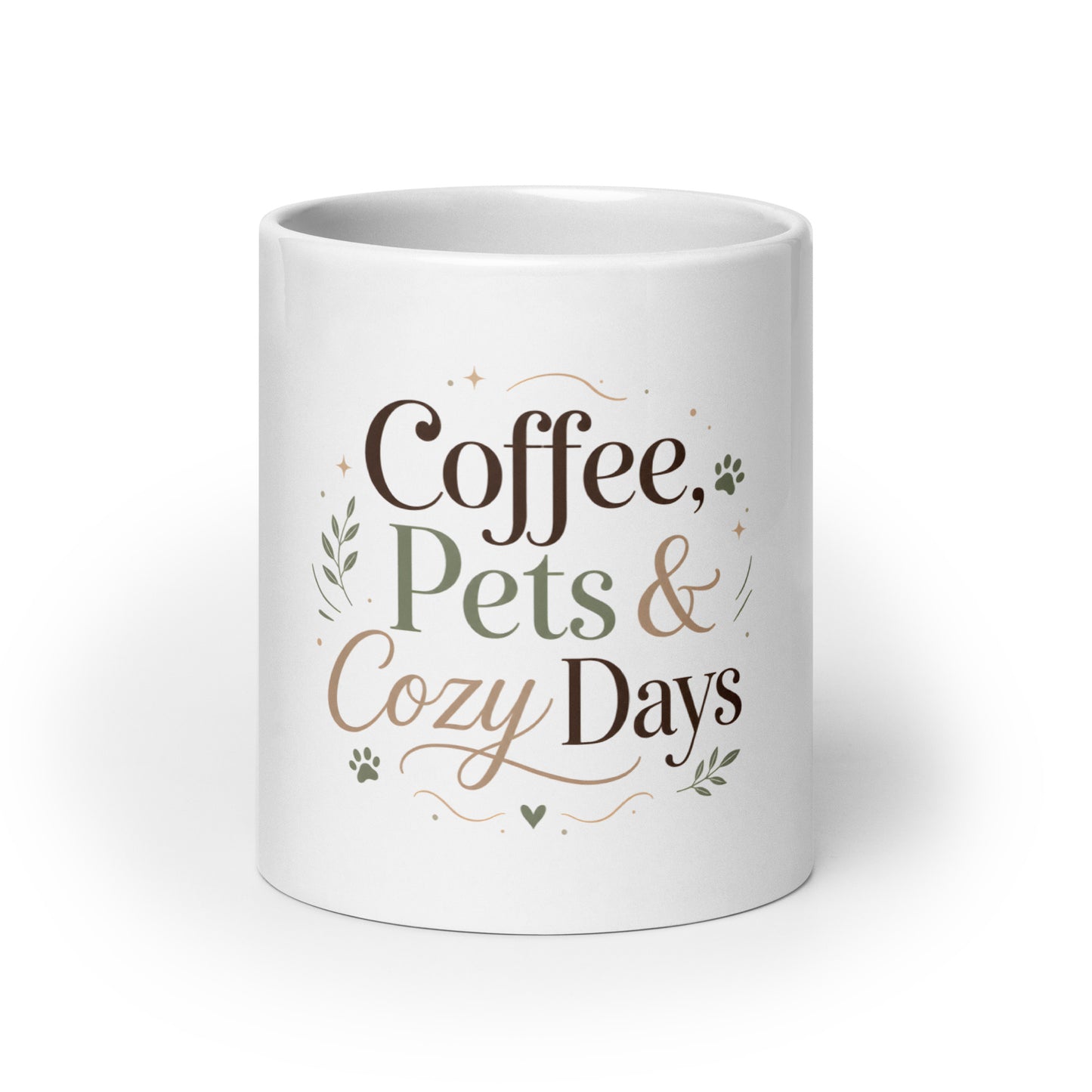 Coffee, Pets & Cozy Days Mug showing a cozy pet parent design with paw and leaf accents.