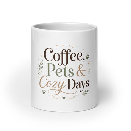 Coffee, Pets & Cozy Days Mug showing a cozy pet parent design with paw and leaf accents.