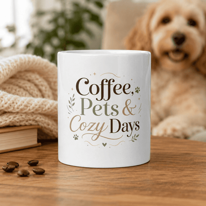 Coffee, Pets & Cozy Days Mug on a cozy table with a dog in the background.
