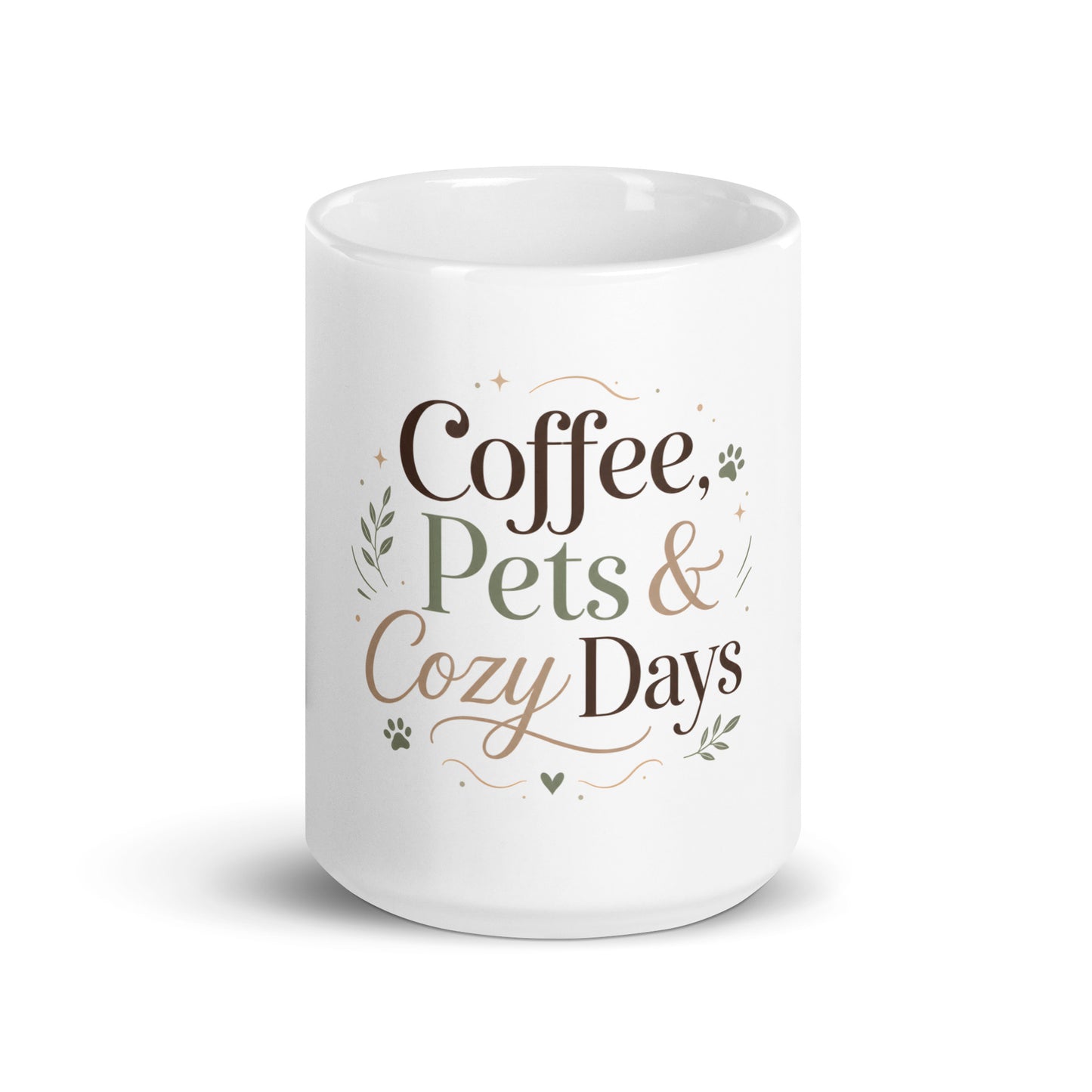 Angled view of the Coffee, Pets & Cozy Days Mug with sage and beige typography.