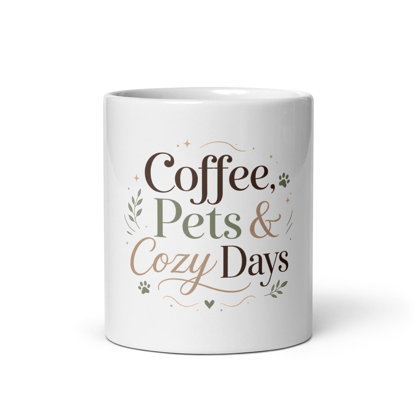 White glossy mug with Coffee, Pets & Cozy Days pet parent design.