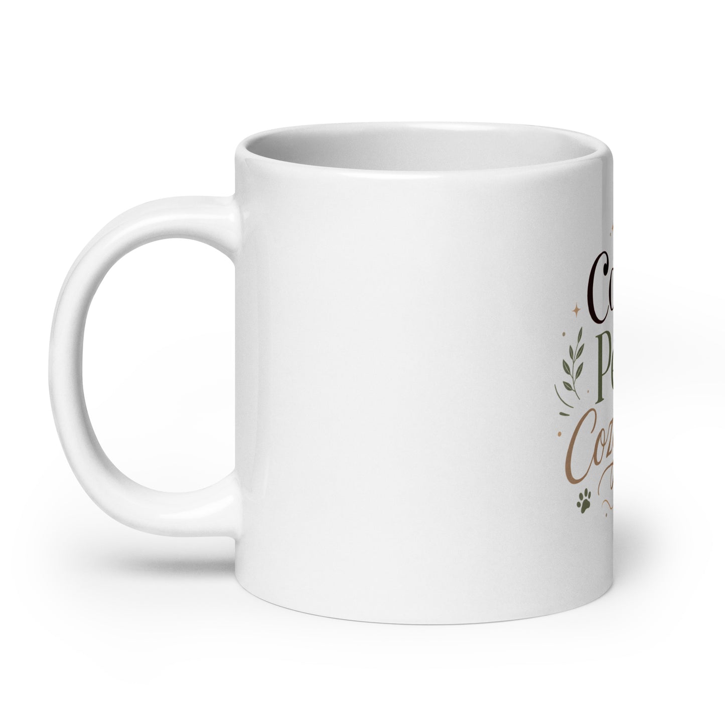 White glossy mug showing a partial view of the Coffee, Pets & Cozy Days design.