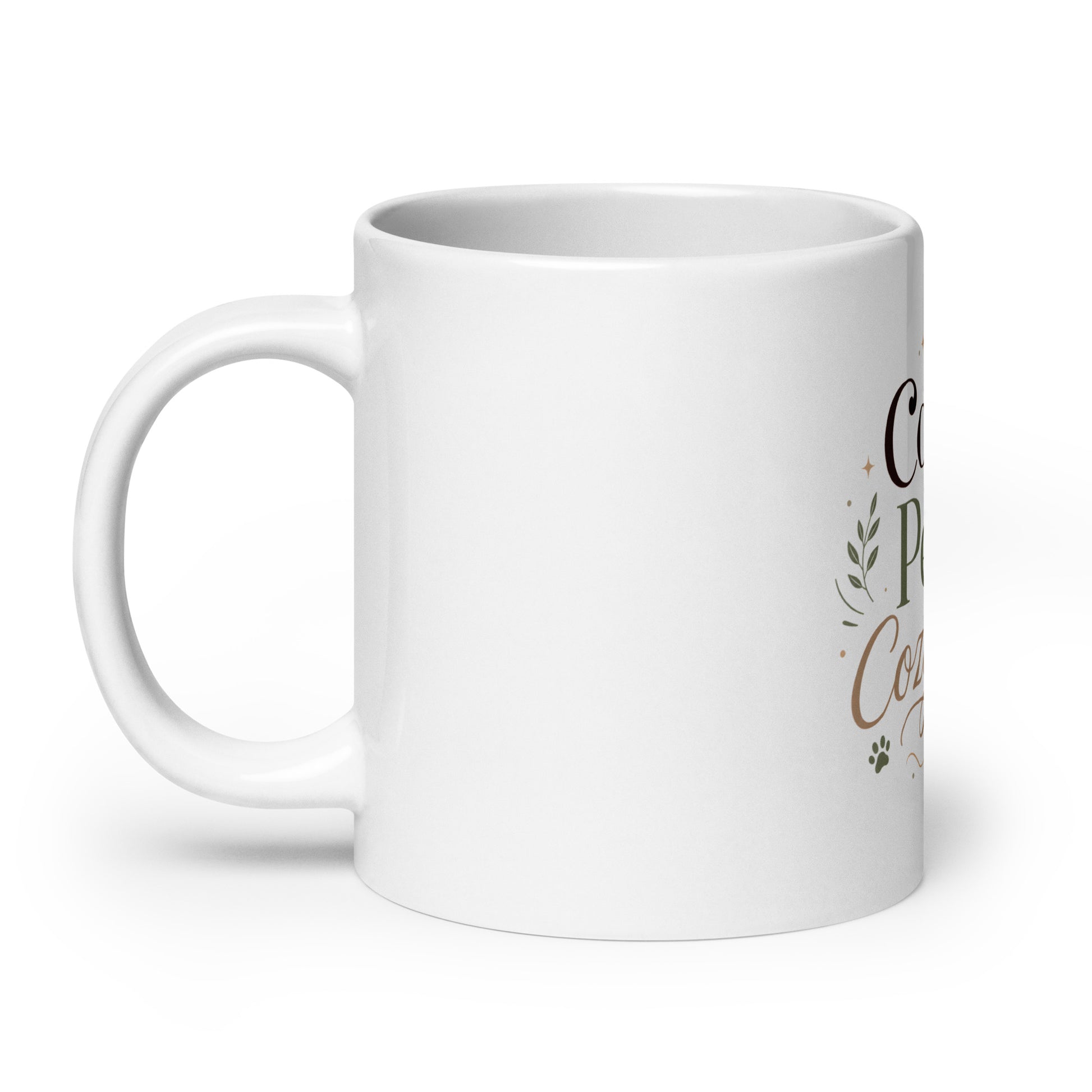 White glossy mug showing a partial view of the Coffee, Pets & Cozy Days design.