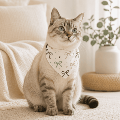 Cat wearing the Cozy Bow Adjustable Pet Bandana Collar in a cozy neutral home setting