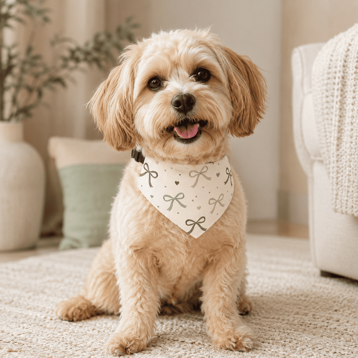 Dog wearing the Cozy Bow Adjustable Pet Bandana Collar in a cozy neutral home setting