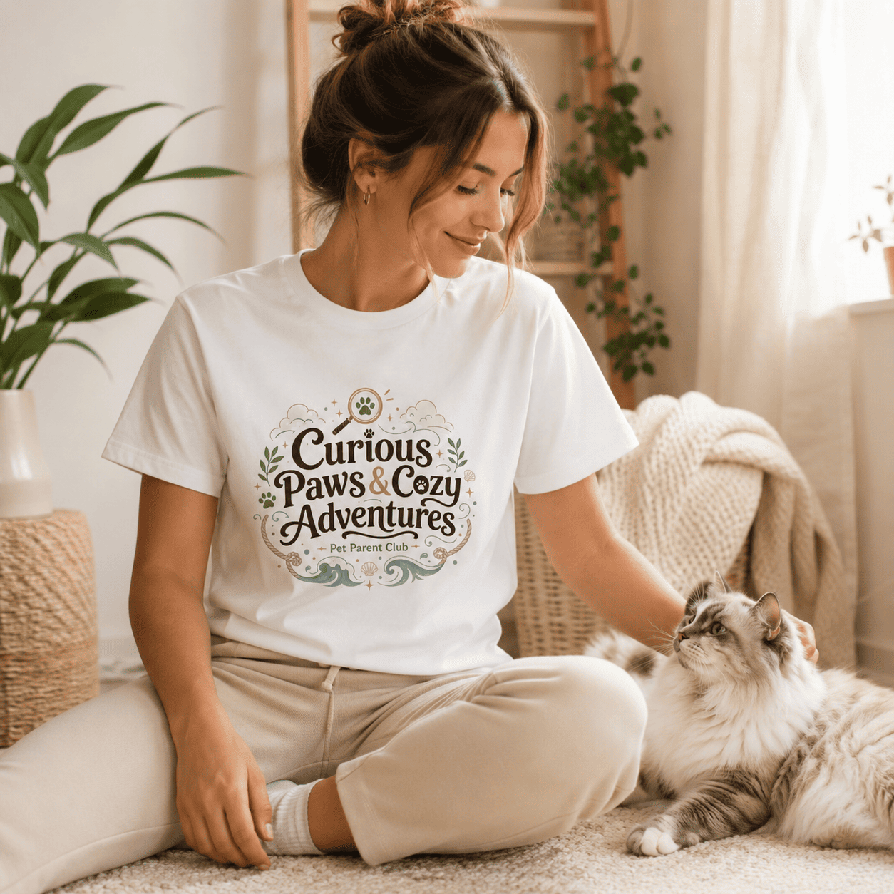 Woman wearing the Curious Paws & Cozy Adventures Organic Cotton T-Shirt while sitting with a cat in a cozy home setting.