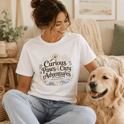Woman wearing the Curious Paws & Cozy Adventures Organic Cotton T-Shirt while sitting with a golden retriever in a cozy home setting.
