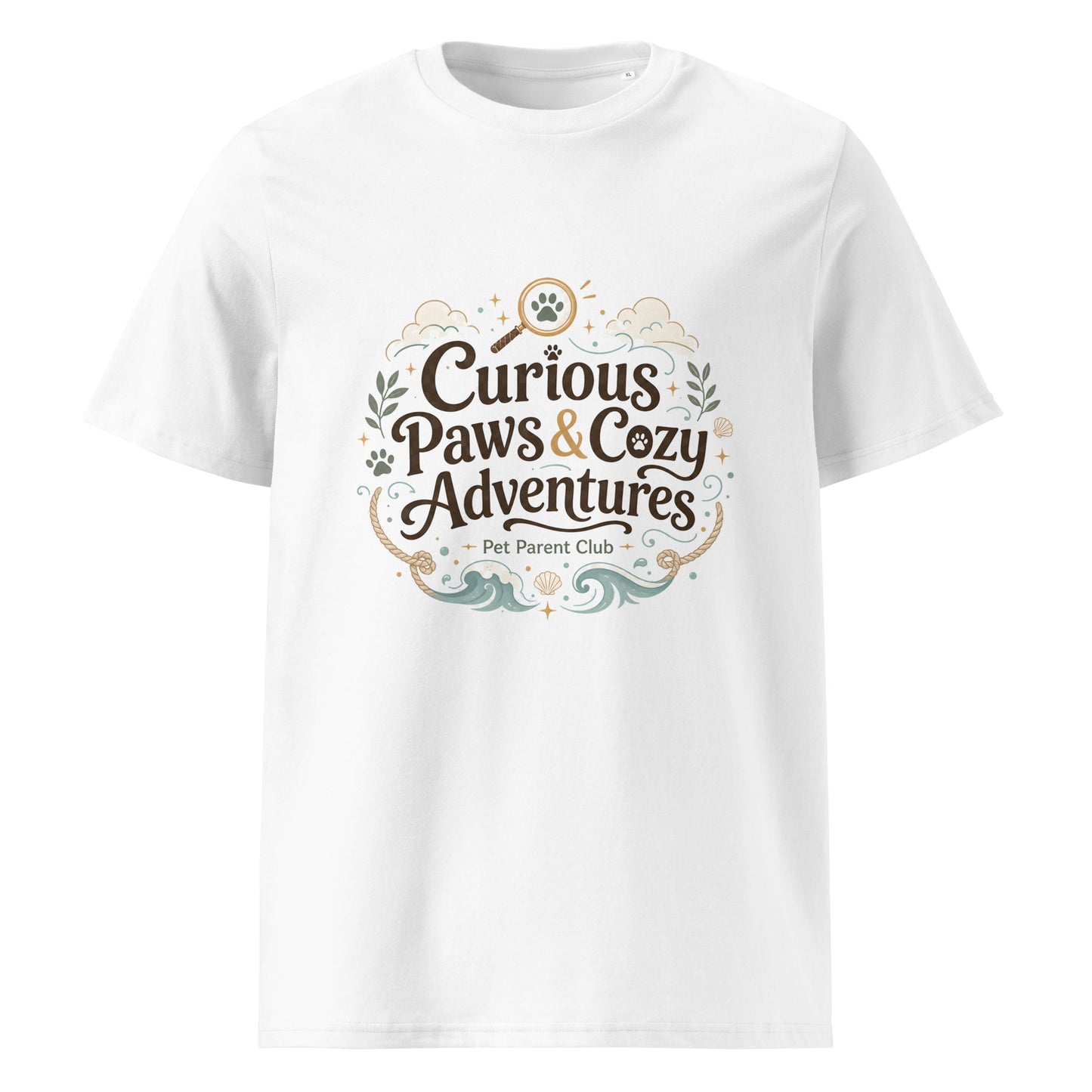 White organic cotton t-shirt with Curious Paws & Cozy Adventures pet parent artwork.