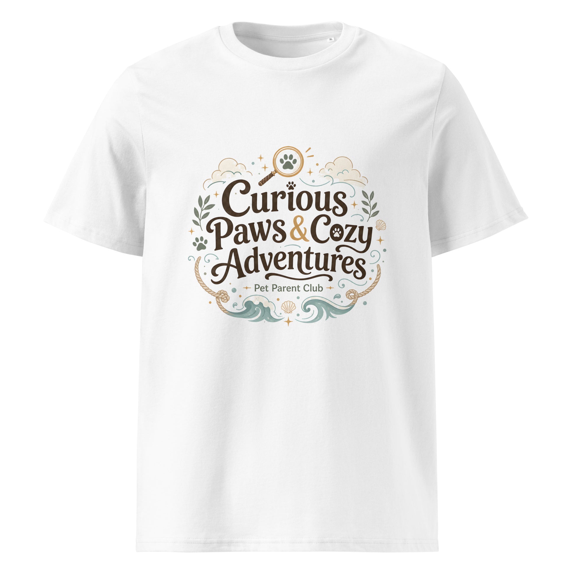 White organic cotton t-shirt with Curious Paws & Cozy Adventures pet parent artwork.