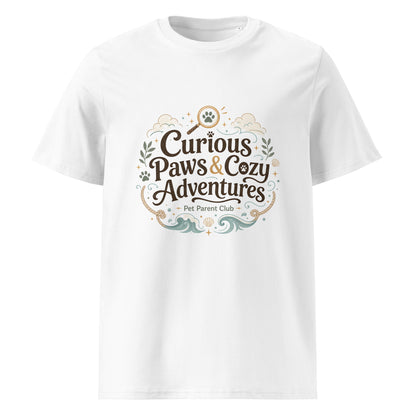 White organic cotton t-shirt with Curious Paws & Cozy Adventures pet parent artwork.