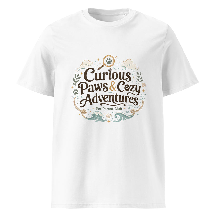 White organic cotton t-shirt with Curious Paws & Cozy Adventures pet parent artwork.
