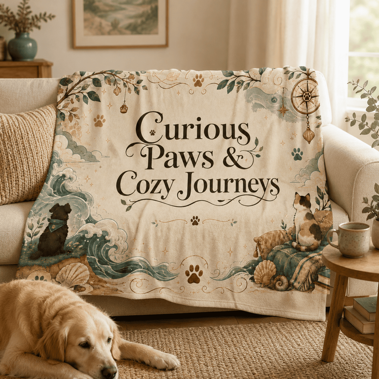 Curious Paws & Cozy Journeys throw blanket styled on a sofa in a cozy living room with a dog