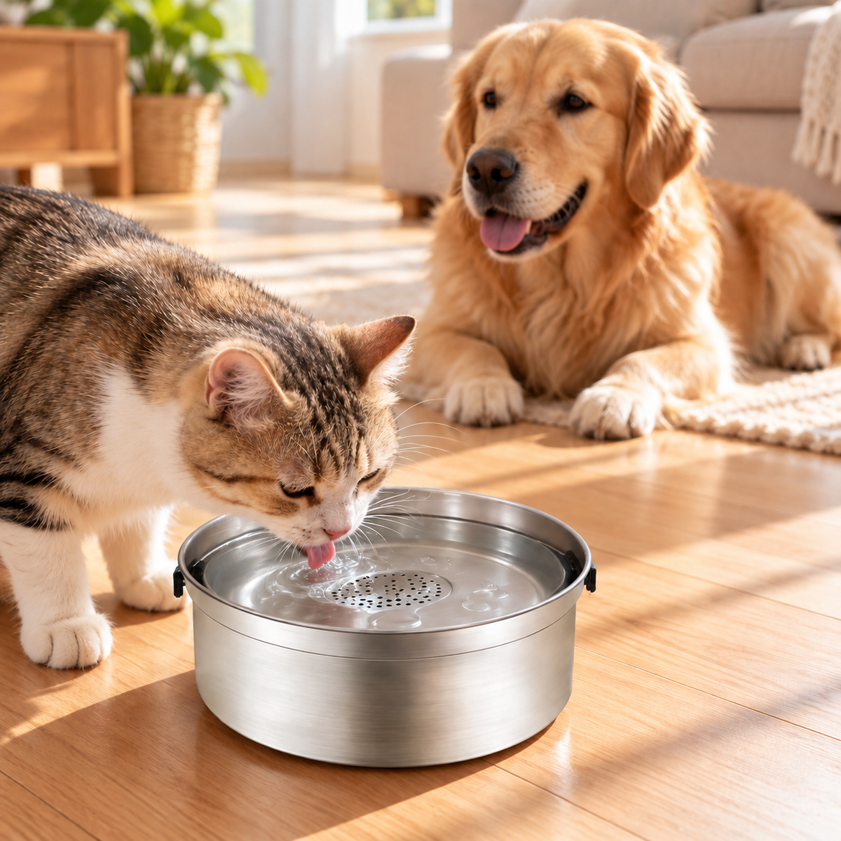 Cat and dog with stainless steel floating pet water bowls at home