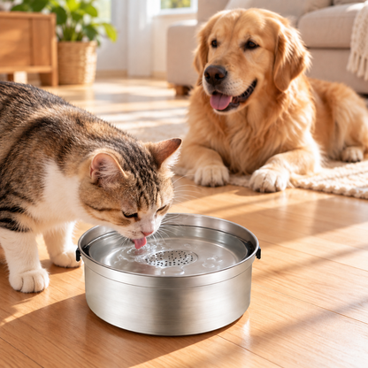 Cat and dog with stainless steel floating pet water bowls at home