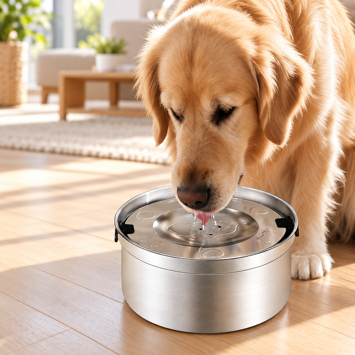 Dog drinking from a stainless steel floating pet water bowl