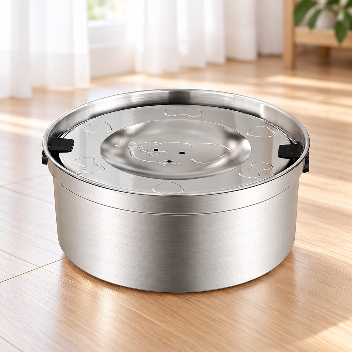 Stainless steel floating pet water bowl in a clean home setting