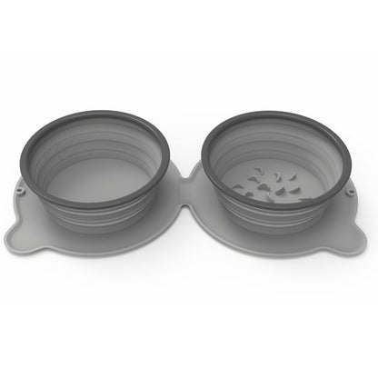 Gray foldable double pet bowl with collapsible food and water bowls