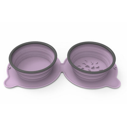 Purple foldable double pet bowl with two collapsible bowls for food and water