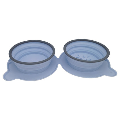 Sky blue foldable double pet bowl with attached base for pet feeding