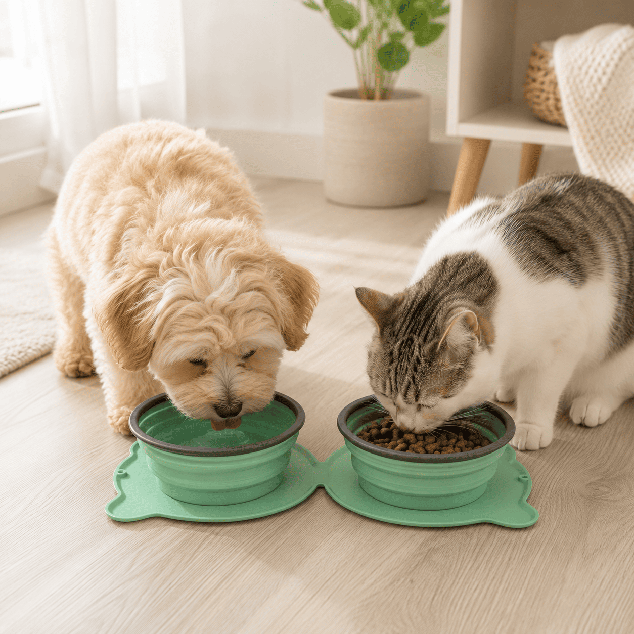 Small dog and cat eating from a green foldable double pet travel bowl in a bright home setting