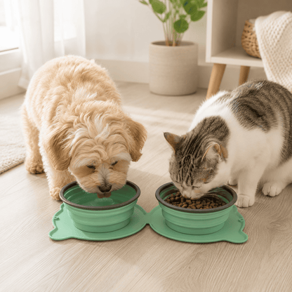 Small dog and cat eating from a green foldable double pet travel bowl in a bright home setting