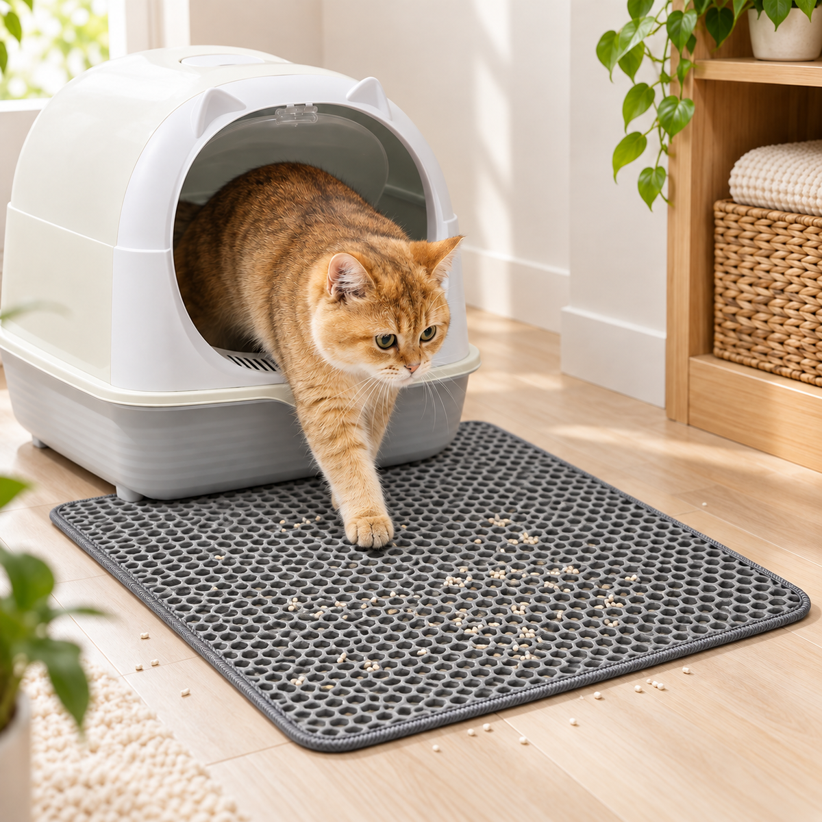 Cat stepping onto a gray Double-Layer EVA Cat Litter Trapping Mat beside a litter box
