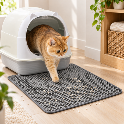 Cat stepping onto a gray Double-Layer EVA Cat Litter Trapping Mat beside a litter box
